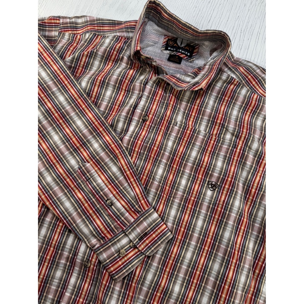 Ariat Pro Series Mens Large Plaid Button Down Shirt Orange Tan Western Mesh Yoke